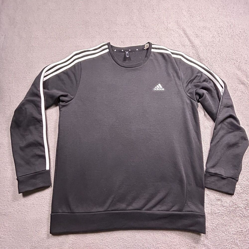 Adidas Crewneck Sweatshirt Mens L Black 3-Stripe Pullover